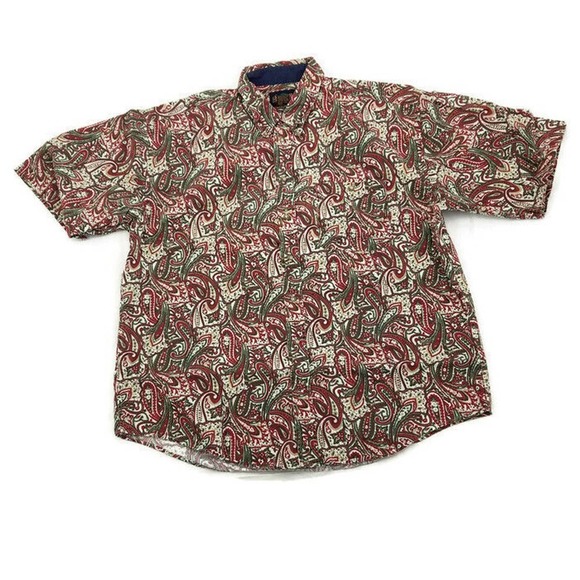Specialty Collection Red Green Paisley S/S Button Up Cotton Shirt Mens Size L - Picture 1 of 9